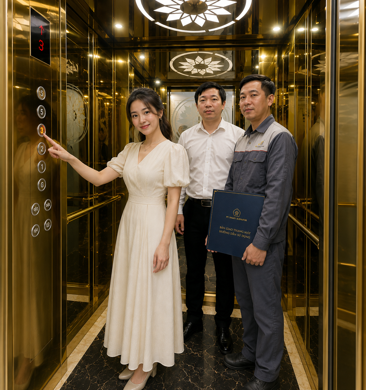 Ba người đứng trong thang máy cao cấp, cô gái bấm nút tầng, kỹ thuật viên cầm tài liệu hướng dẫn sử dụng